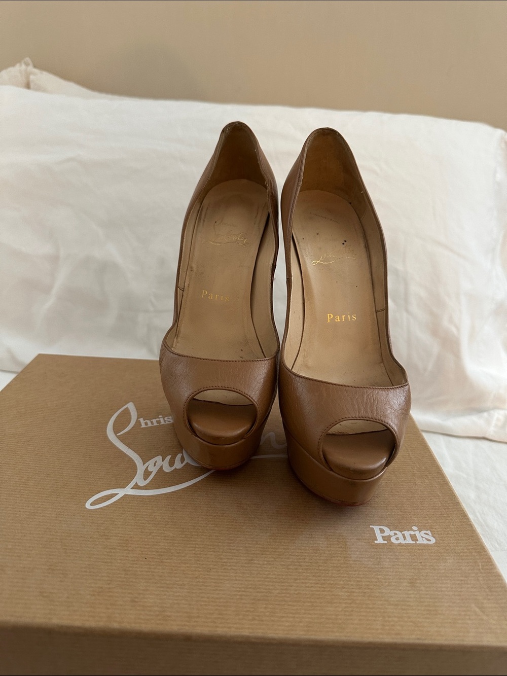 Christian Louboutin Tan Brown Leather Peep-Toe Platform Pumps